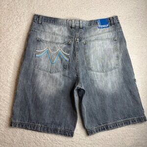 Y2K Delf Mens Embroidered Baggy Denim Shorts Blue Y2K Streetwear Size 42 L12